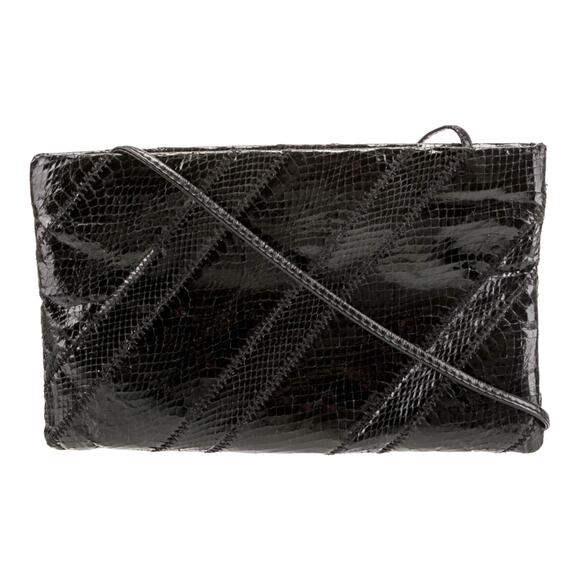 VINTAGE Edina Ronay Snakeskin Clutch Black Crossbody Shoulder Strap Designer EUC - Picture 1 of 6